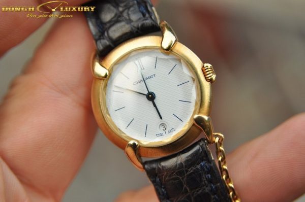 authentic ladies chaumet 18k yellow gold diamond MOP quartz date 26mm watch 3